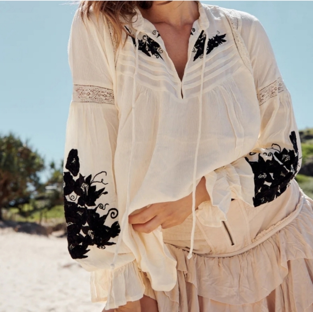Free People Cream and Black Embroidered Tunic